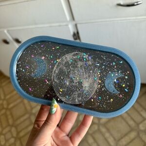 Blue Moon and Stars Glitter Trinket Jewelry Tray